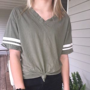green v-neck with white jersey stripes